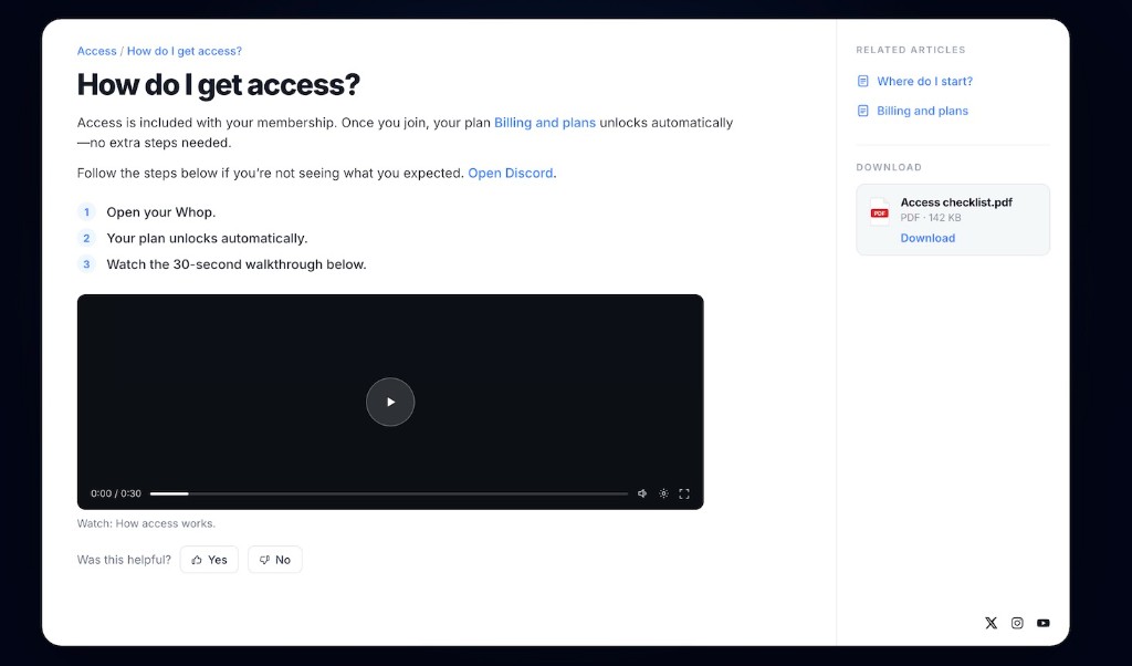 DocsHub article example: How do I get access, with steps, a short video, and related articles.