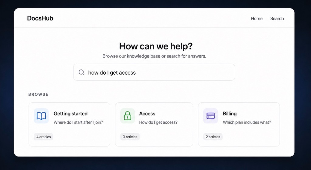 DocsHub help center home: search how do I get access, and browse Getting started, Access, and Billing.